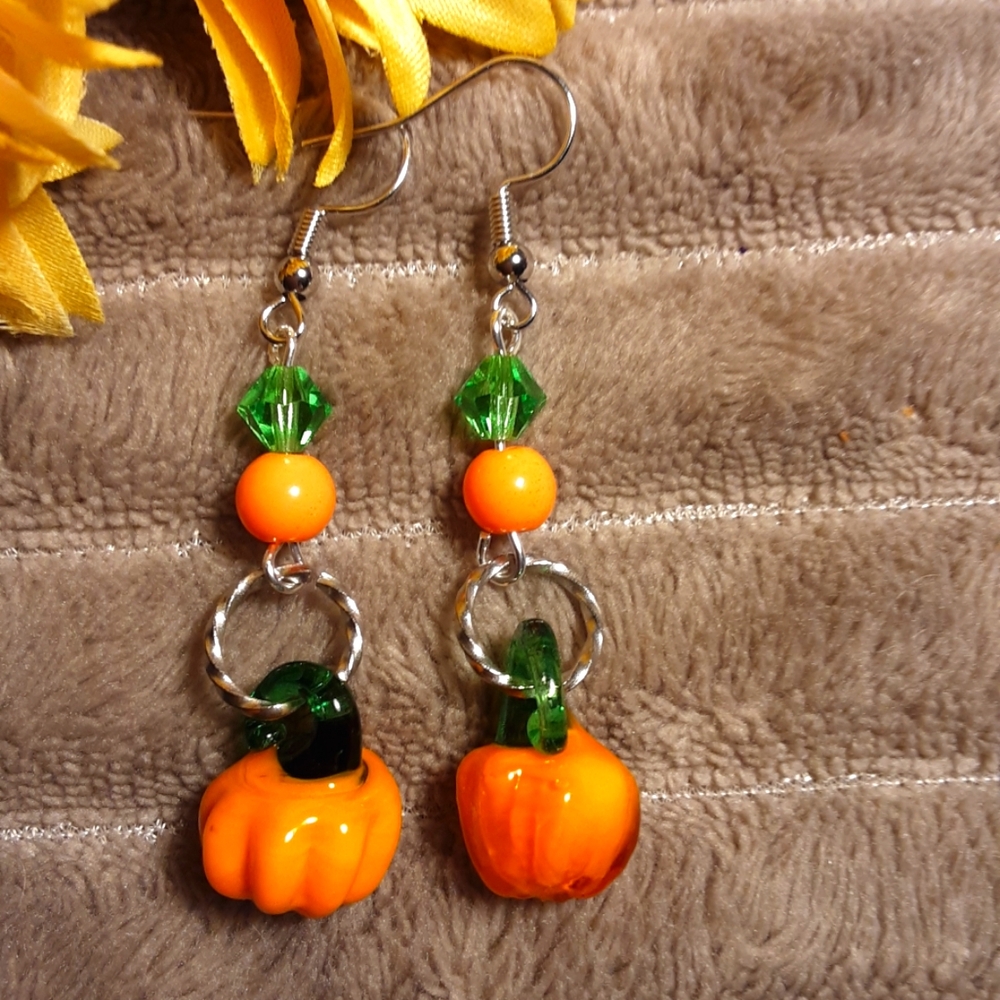 Handmade Lampwork Glass Beads Pumpkin Earrings Orange Green Pierced